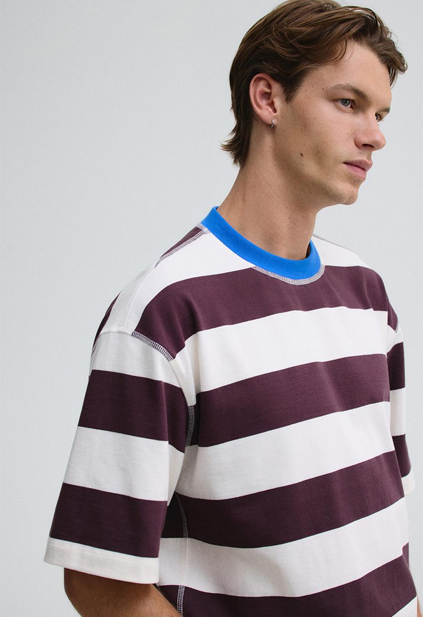 H&M - Loose fit T-shirt - plum purple & white striped