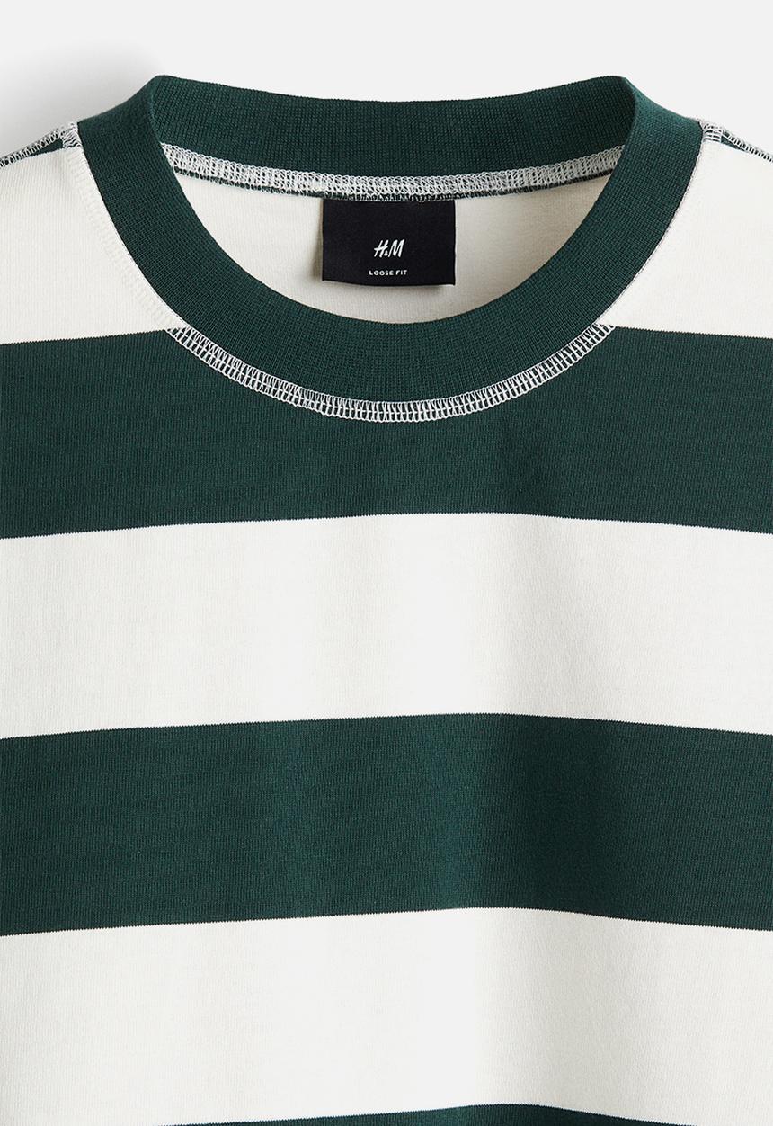 H&M - Loose fit T-shirt - forest green & white striped