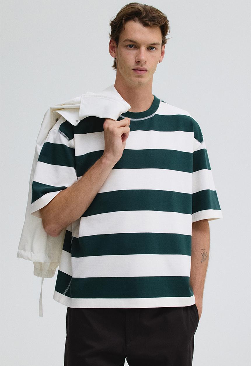 H&M - Loose fit T-shirt - forest green & white striped