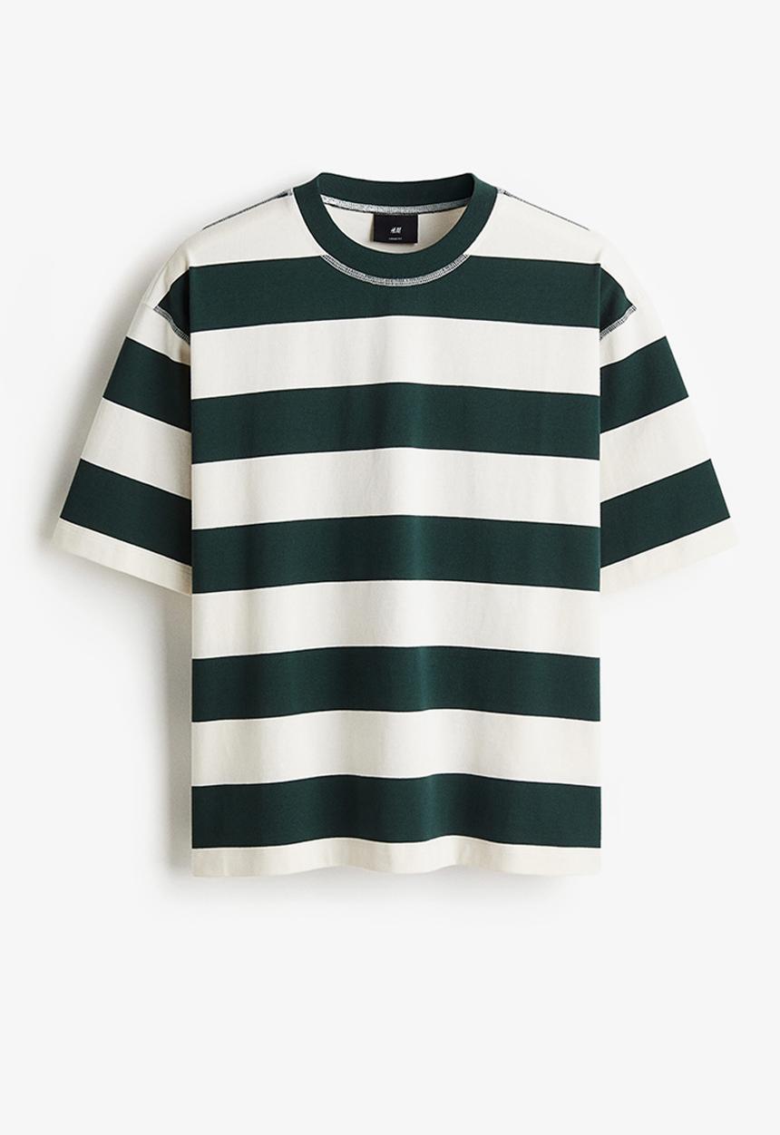 H&M - Loose fit T-shirt - forest green & white striped