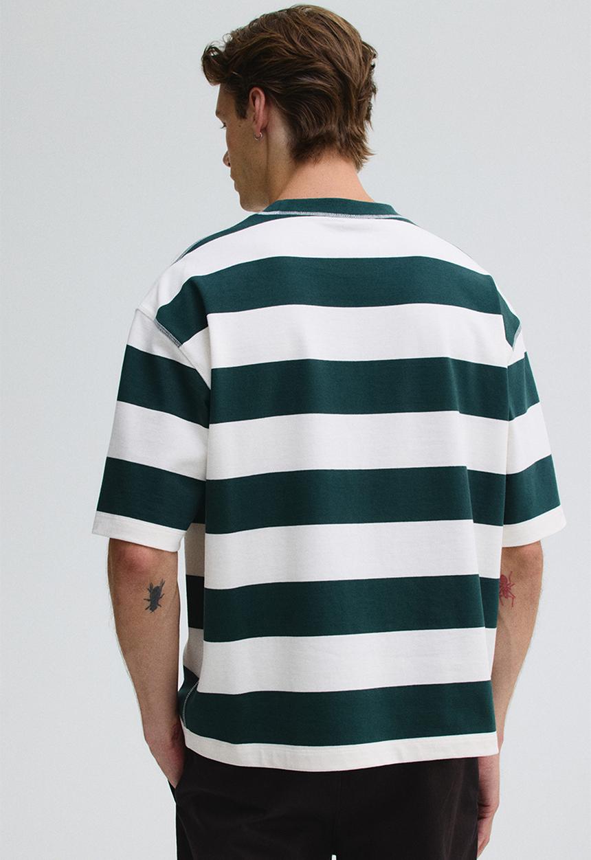 H&M - Loose fit T-shirt - forest green & white striped