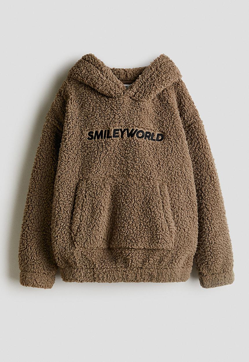 H&M - Motif-detail teddy hoodie - brown,multi