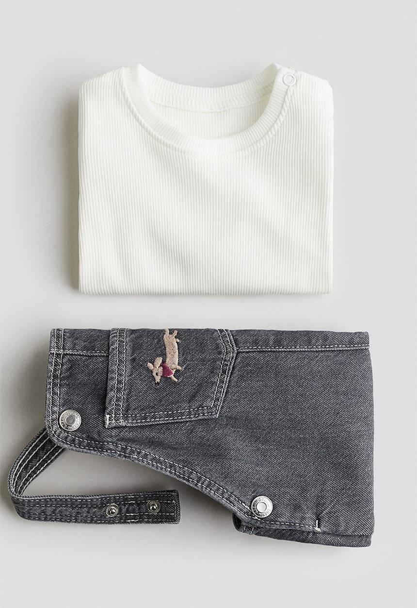 H&M - 2-piece dungarees and top set - grey/dogs
