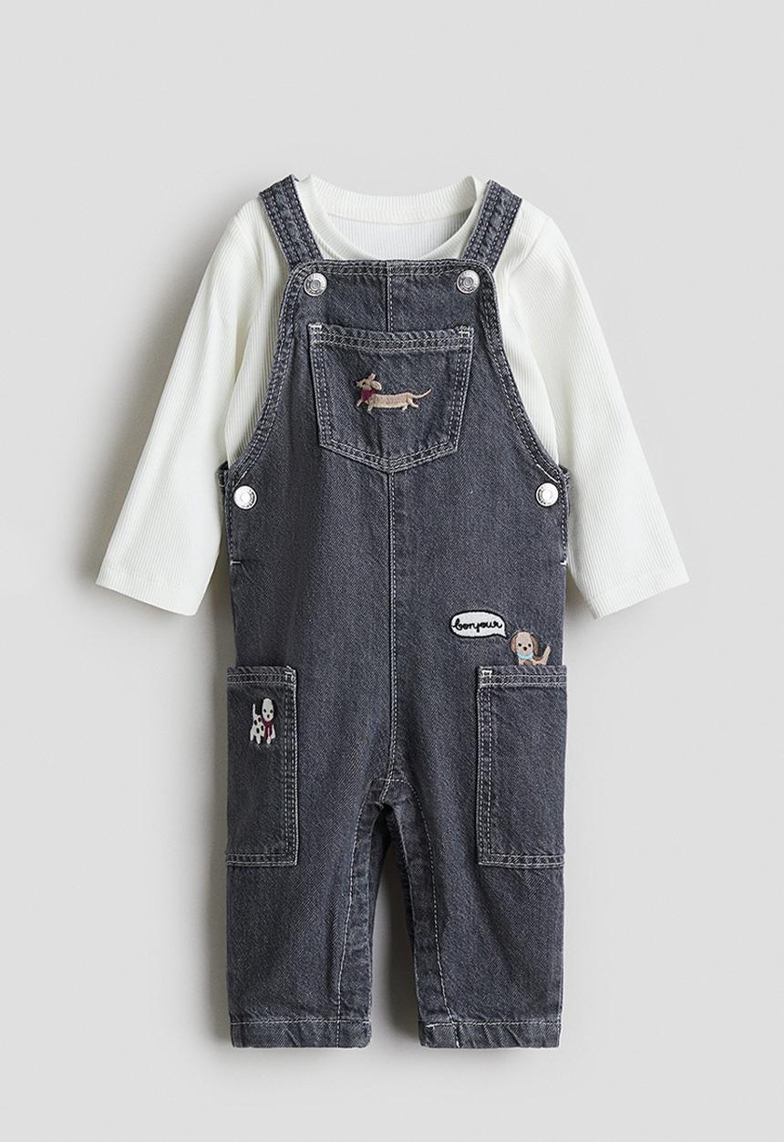 H&M - 2-piece dungarees and top set - grey/dogs