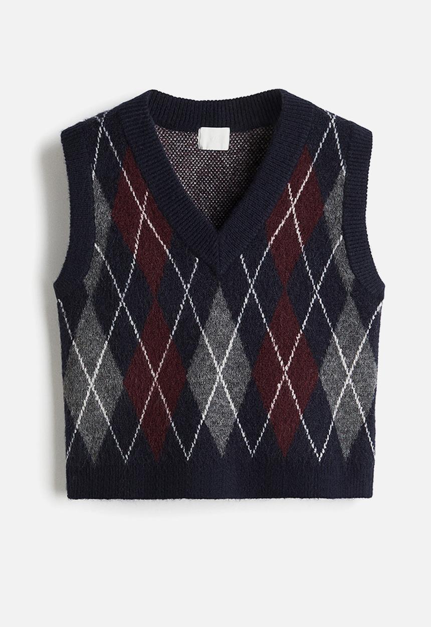 H&M - Jacquard-knit sweater vest -  navy blue/argyle pattern