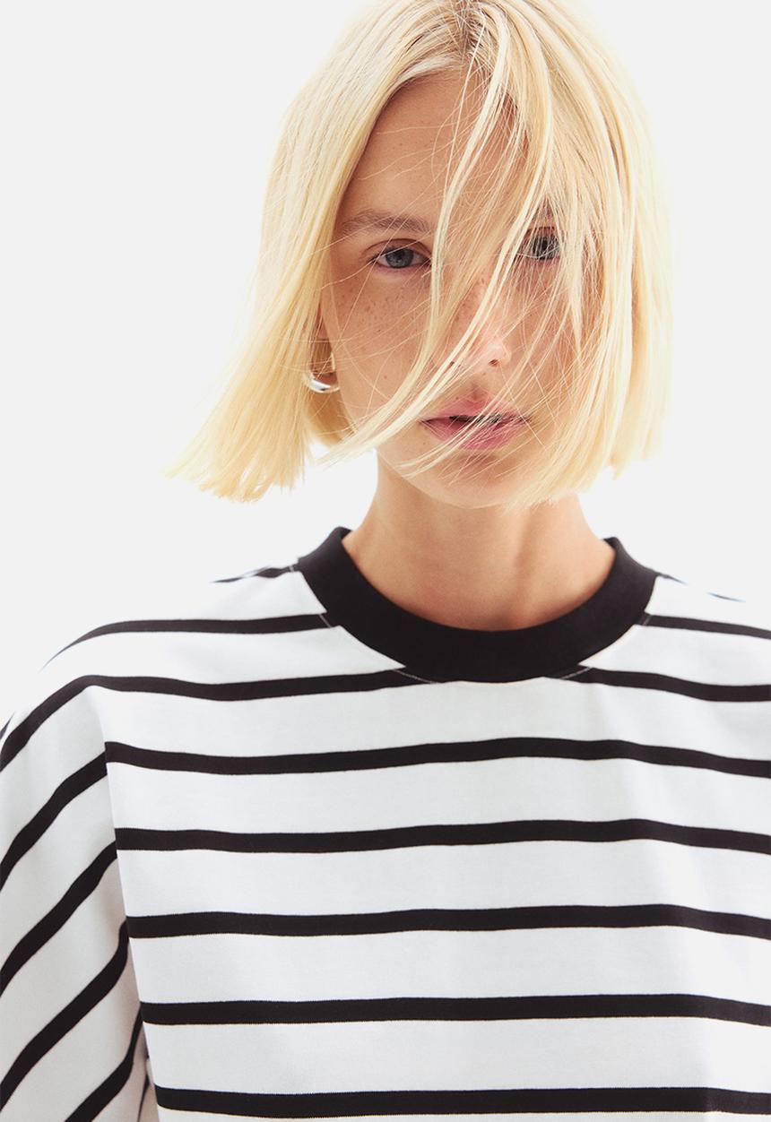 H&M - Waisted cotton T-shirt - white/striped