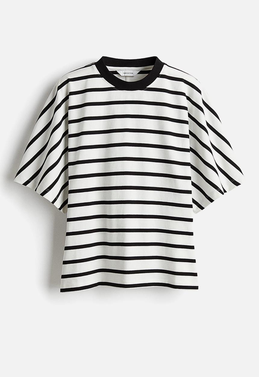 H&M - Waisted cotton T-shirt - white/striped