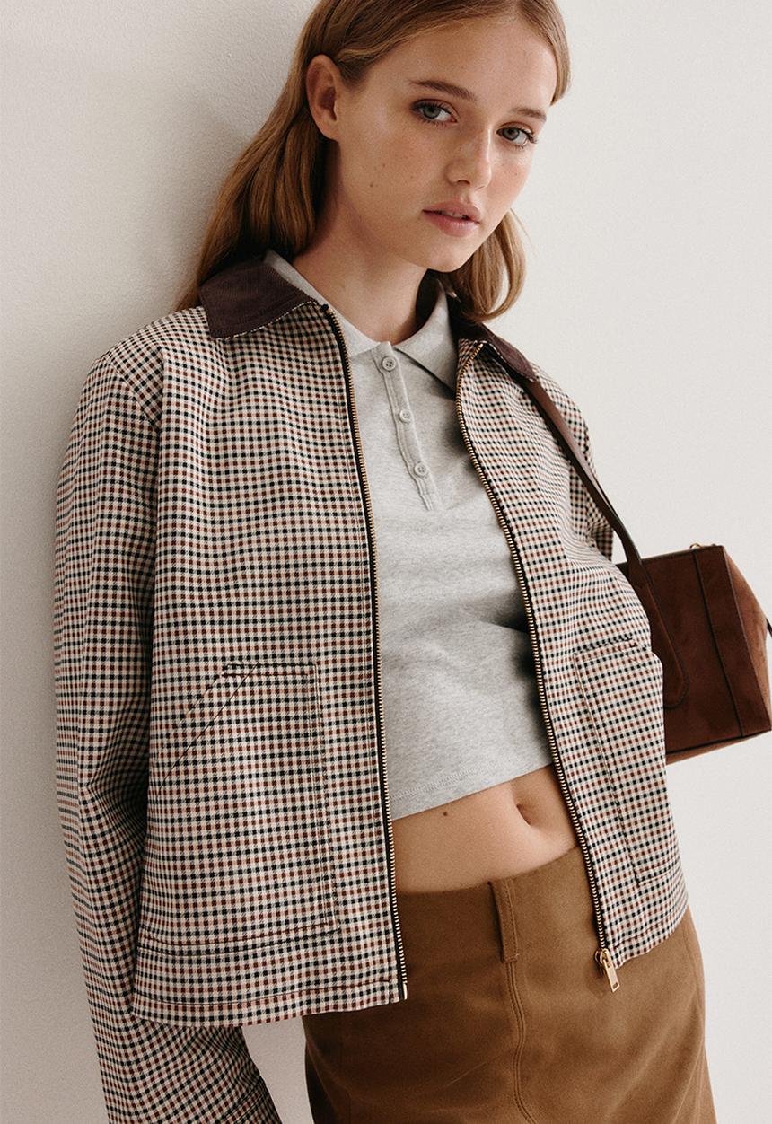 H&M - Corduroy-collar twill jacket - beige/checked