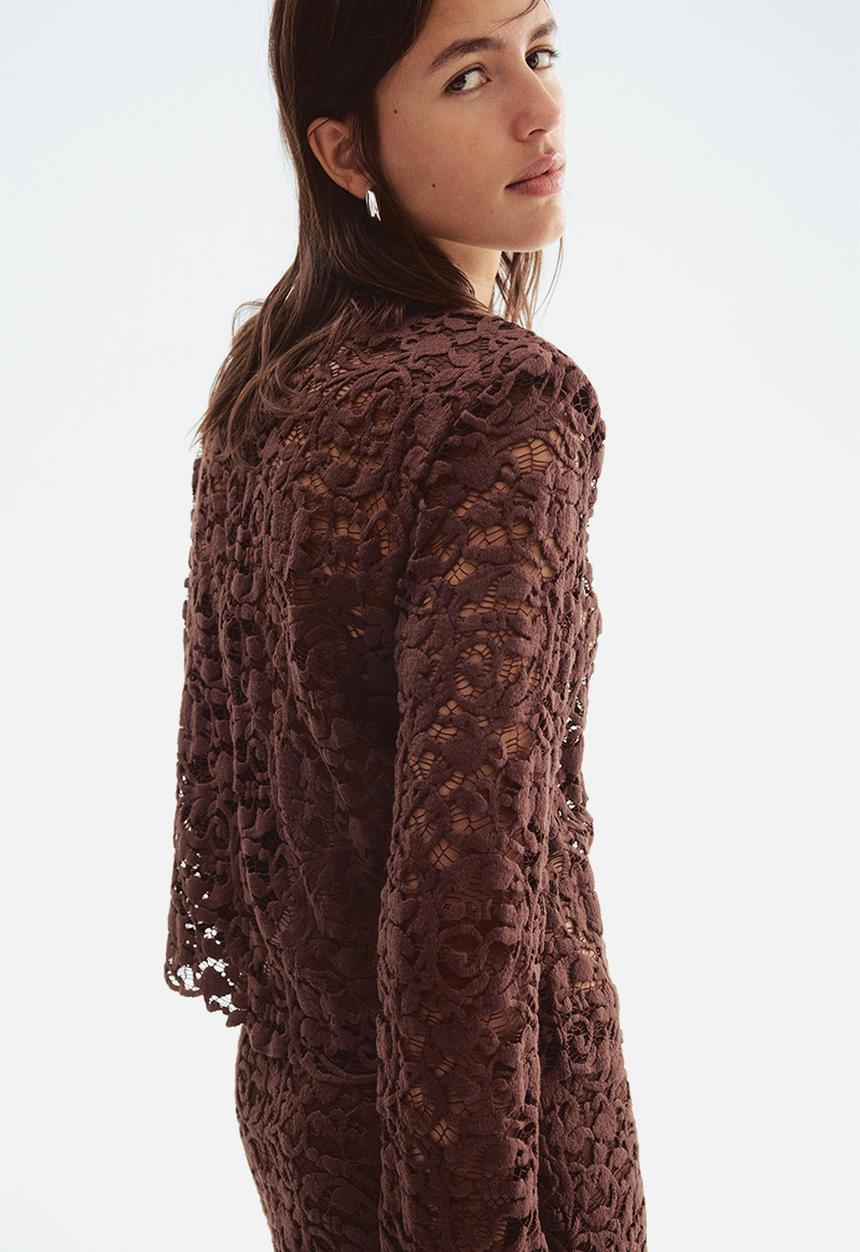H&M - Shoulder-pad lace blouse - dark brown 