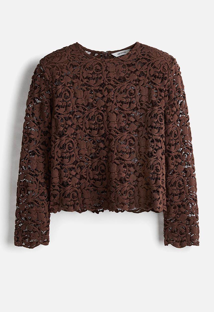 H&M - Shoulder-pad lace blouse - dark brown 