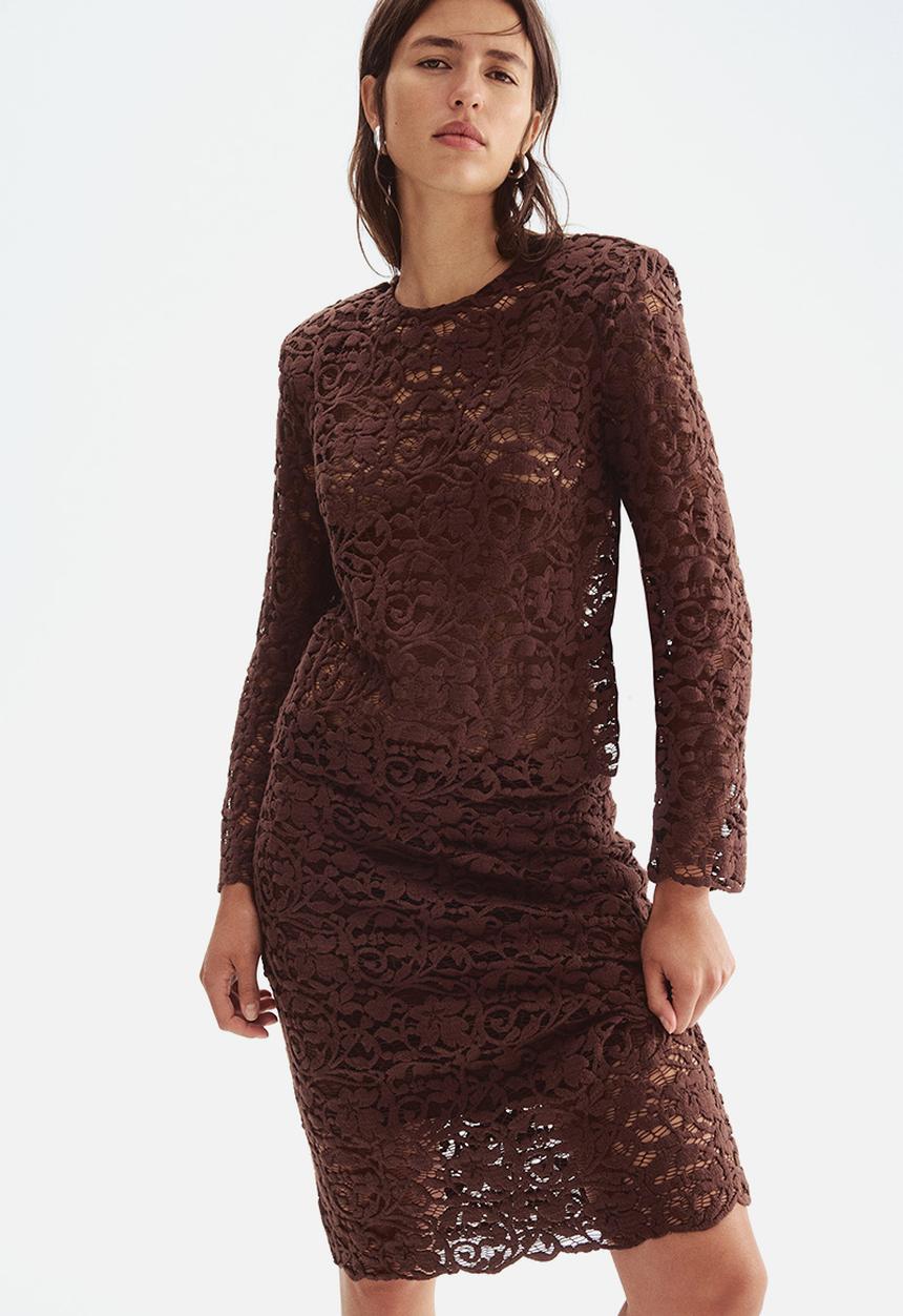 H&M - Shoulder-pad lace blouse - dark brown 