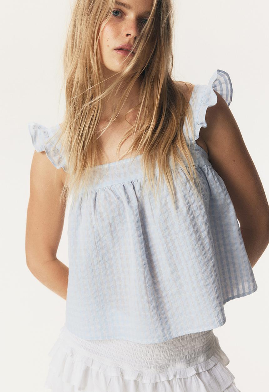 H&M - Cotton seersucker top - light blue checked