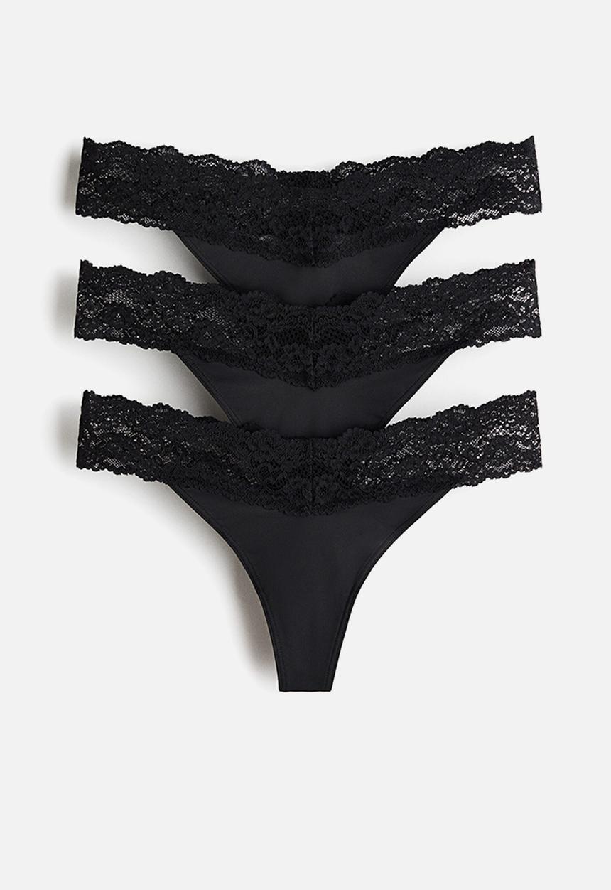 H&M - 3-Pack microfibre and lace thong briefs - black