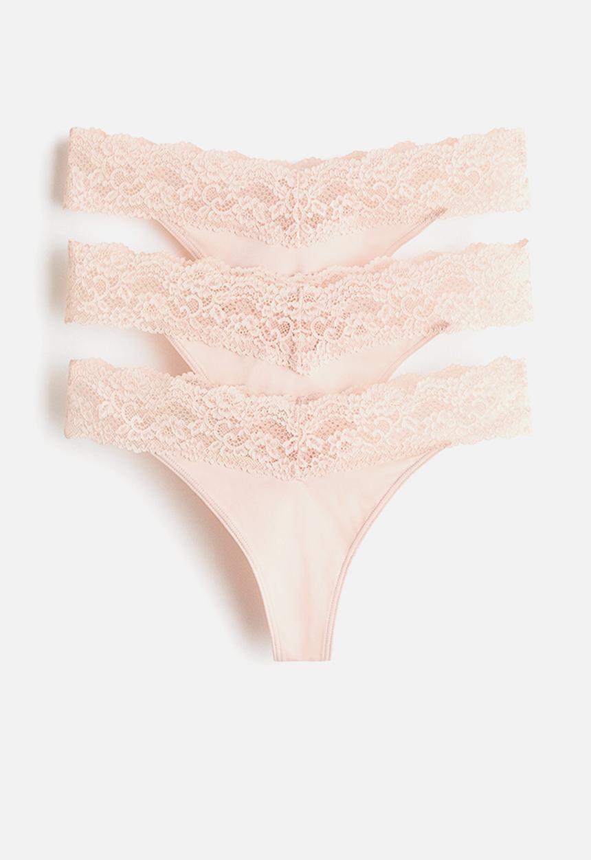 H&M - 3-Pack microfibre and lace thong briefs - light peach pink