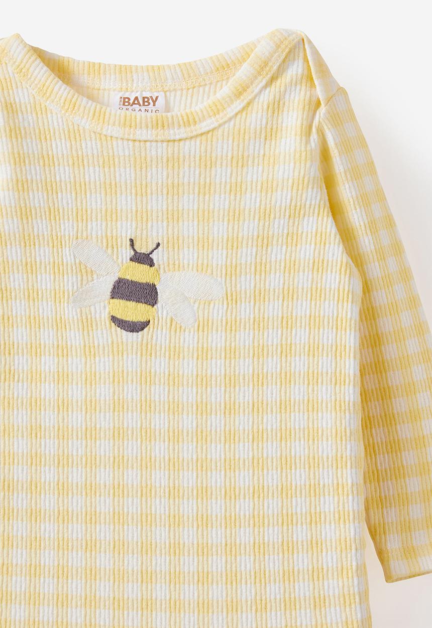 Cotton On - Organic Pointelle Long Sleeve Bubbysuit - Lemon Squash/Honey Bees Gingham