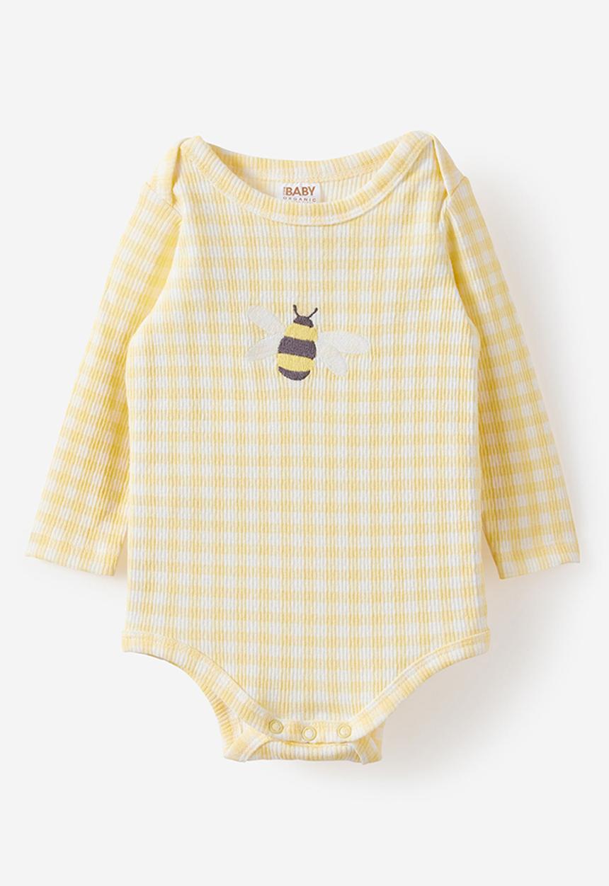 Cotton On - Organic Pointelle Long Sleeve Bubbysuit - Lemon Squash/Honey Bees Gingham