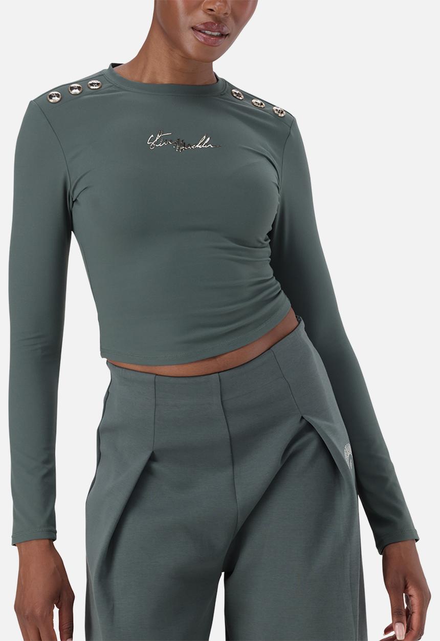 Steve Madden - Ladies riley long sleeve top with poppers  - dark sage