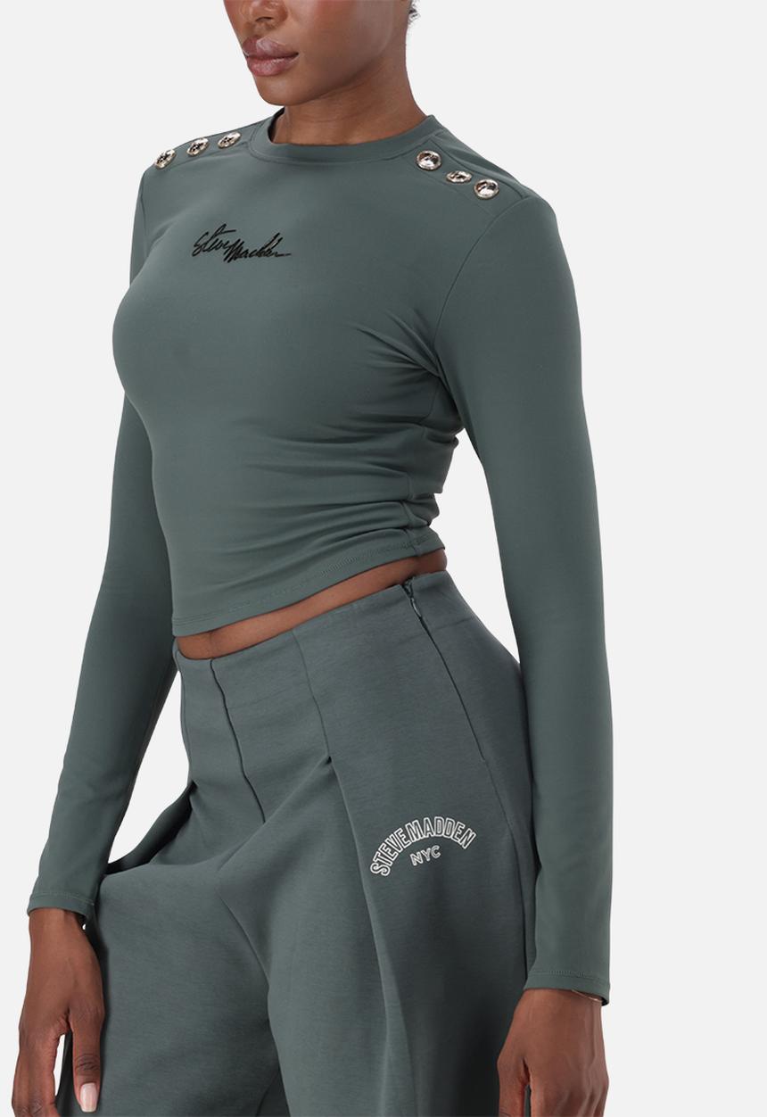 Steve Madden - Ladies riley long sleeve top with poppers  - dark sage
