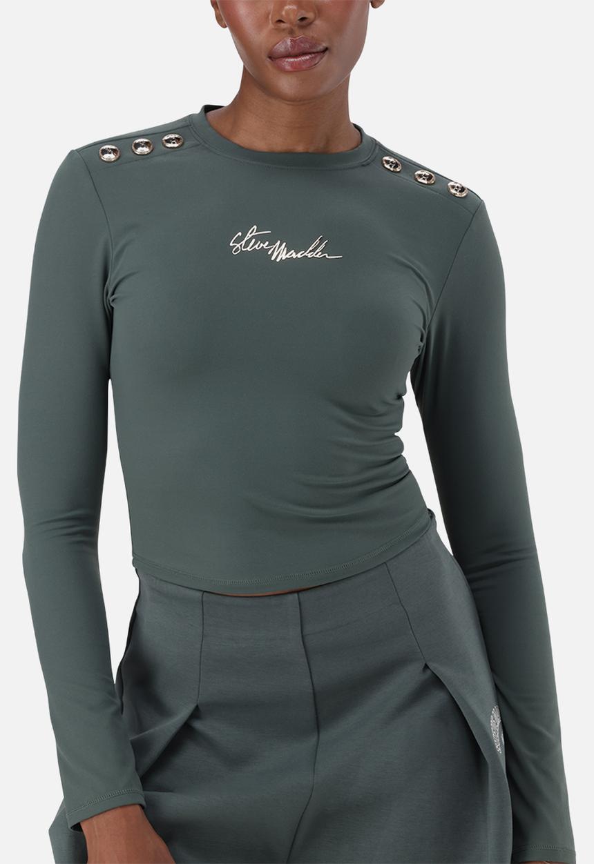 Steve Madden - Ladies riley long sleeve top with poppers  - dark sage
