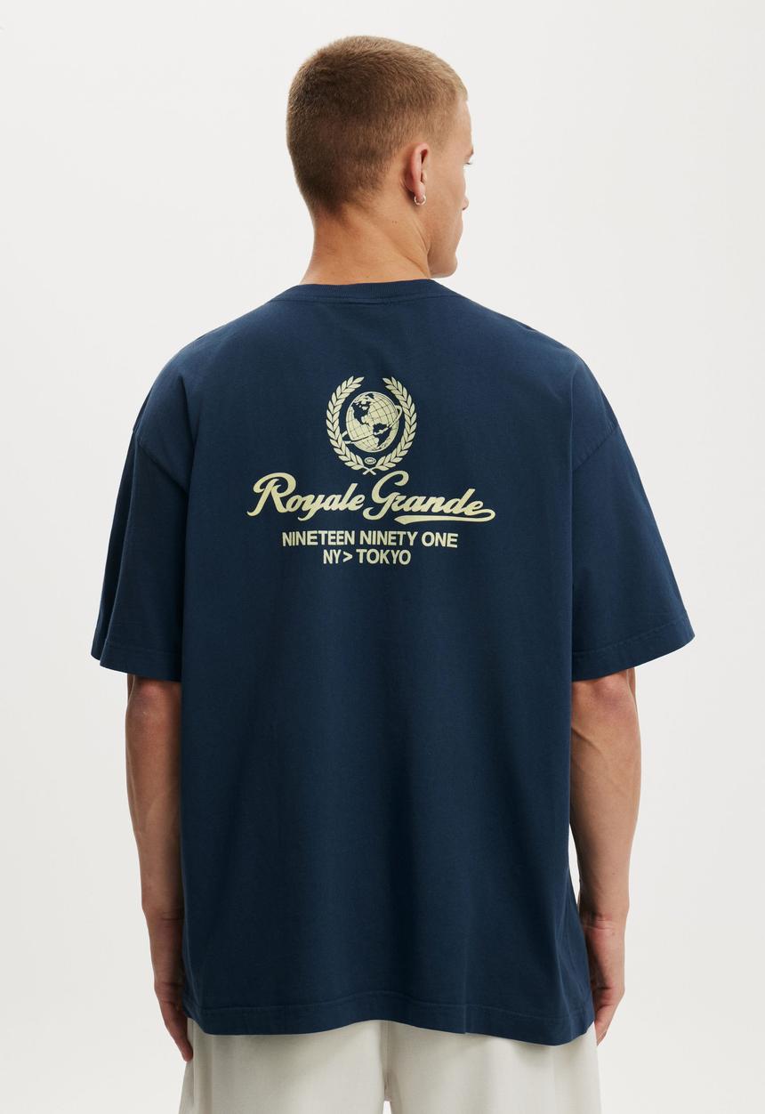 Cotton On - Box Fit Text T-Shirt - Auto Navy/World Globe