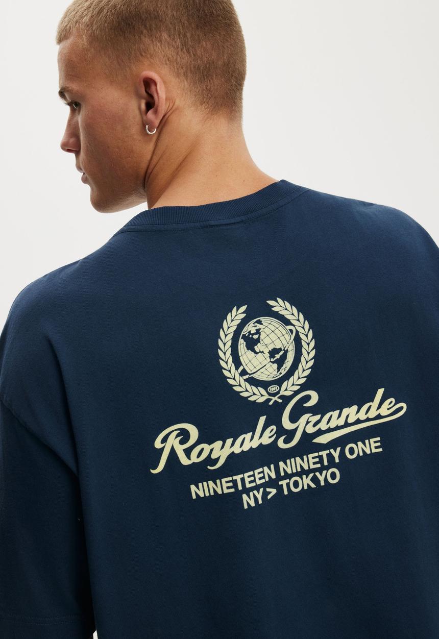 Cotton On - Box Fit Text T-Shirt - Auto Navy/World Globe