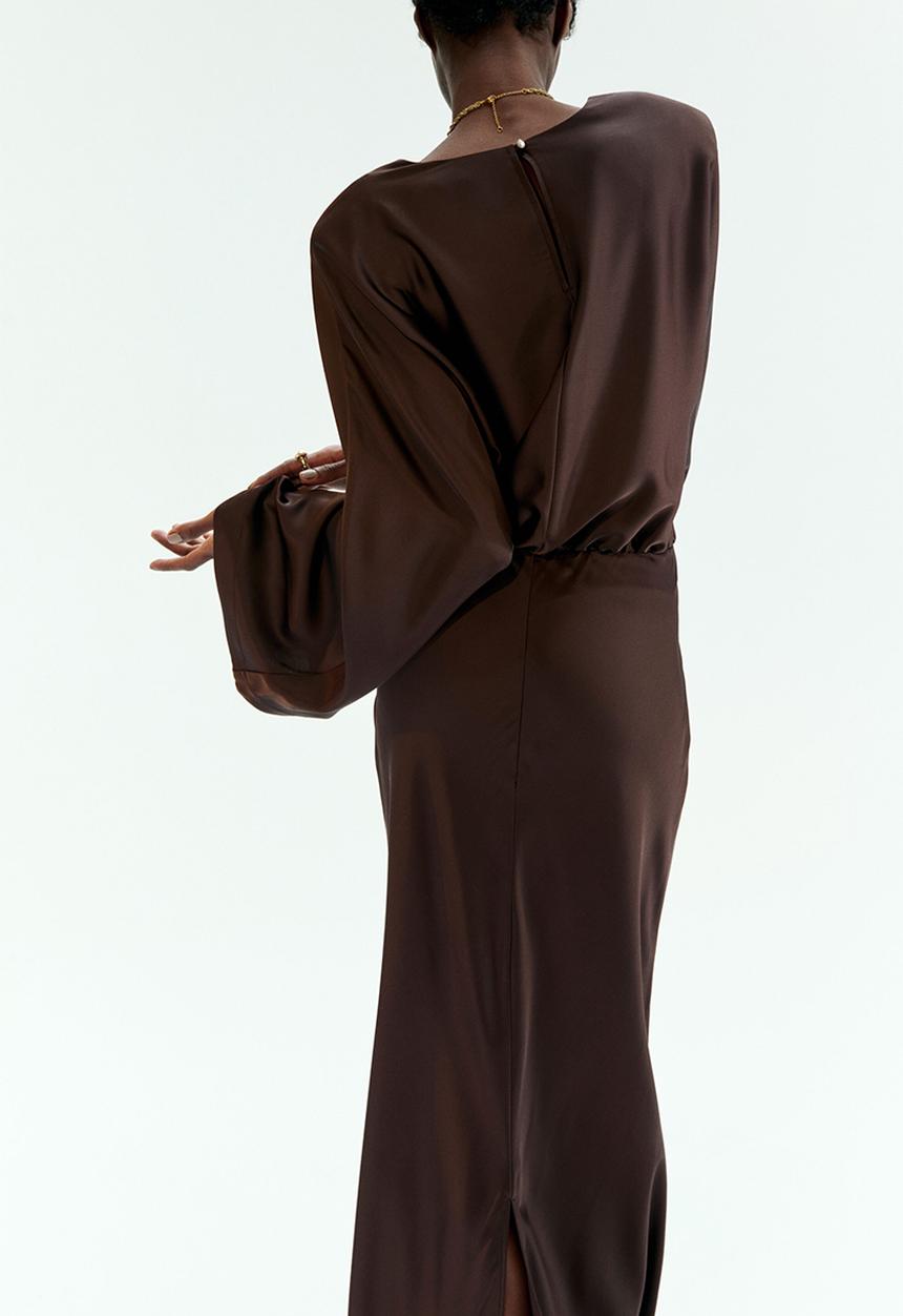 Shoulder-pad satin dress - dark brown - 1314753003