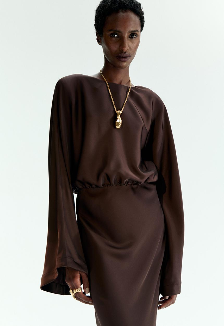 Shoulder-pad satin dress - dark brown - 1314753003