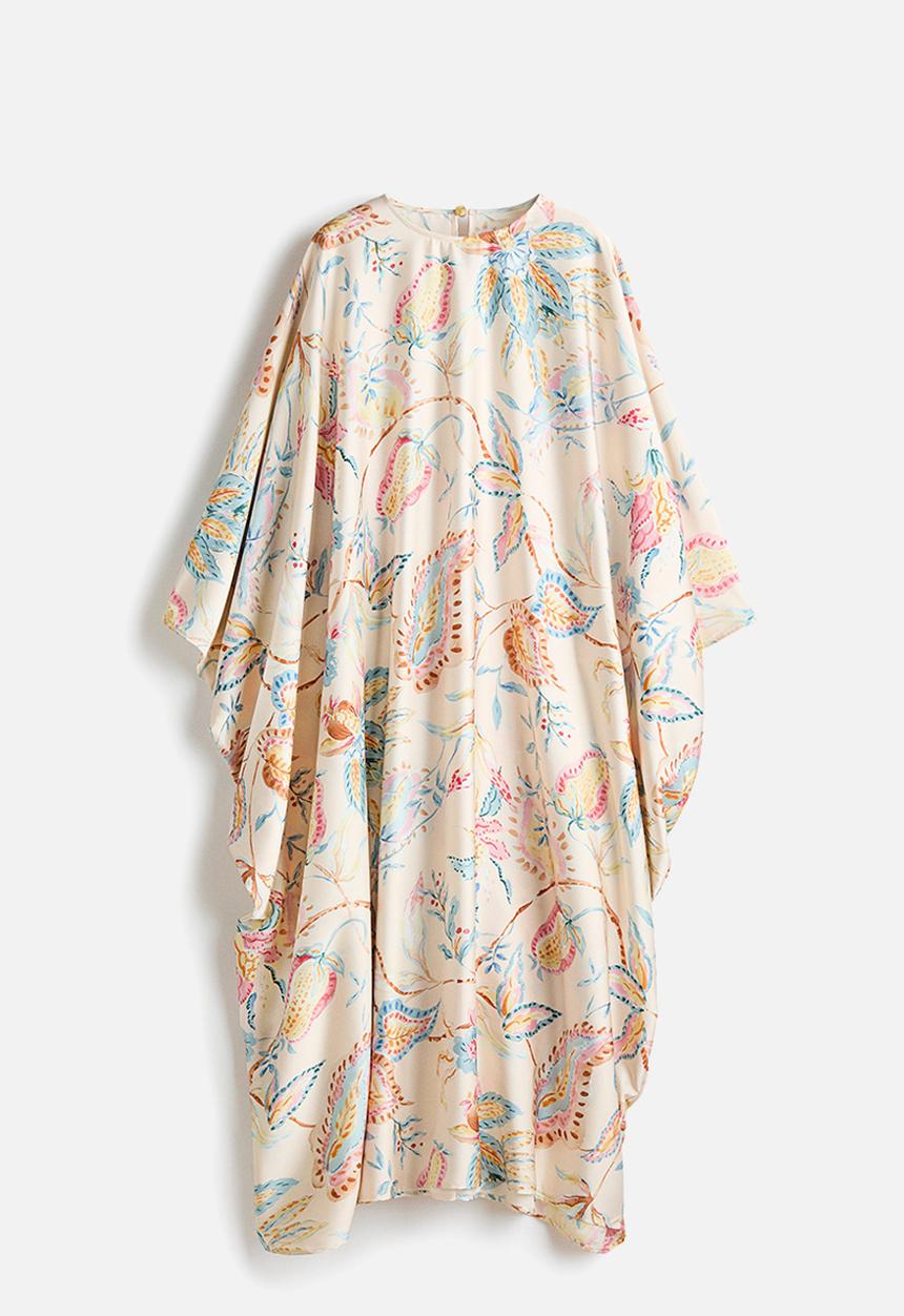 H&M - Satin kaftan dress - Light beige/floral