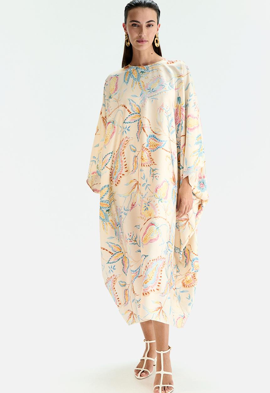H&M - Satin kaftan dress - Light beige/floral