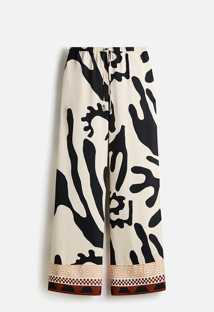 H&M - Wide drawstring trousers - cream & black patterned 