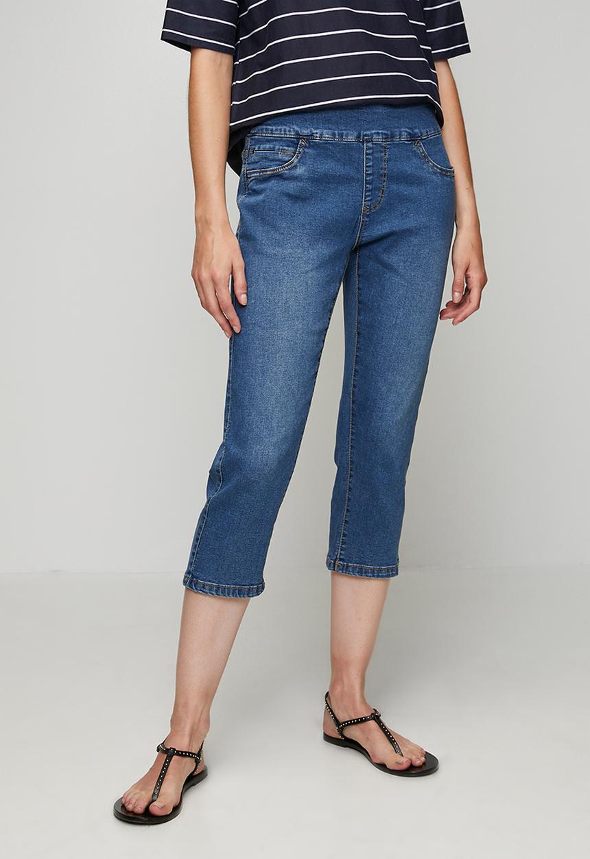 Stella Morgan - Wide Waistband Crop Length Pull On Denim Jegging - Mid Denim