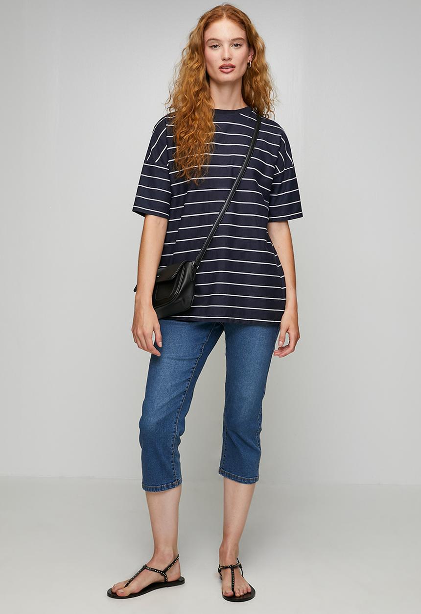 Stella Morgan - Wide Waistband Crop Length Pull On Denim Jegging - Mid Denim