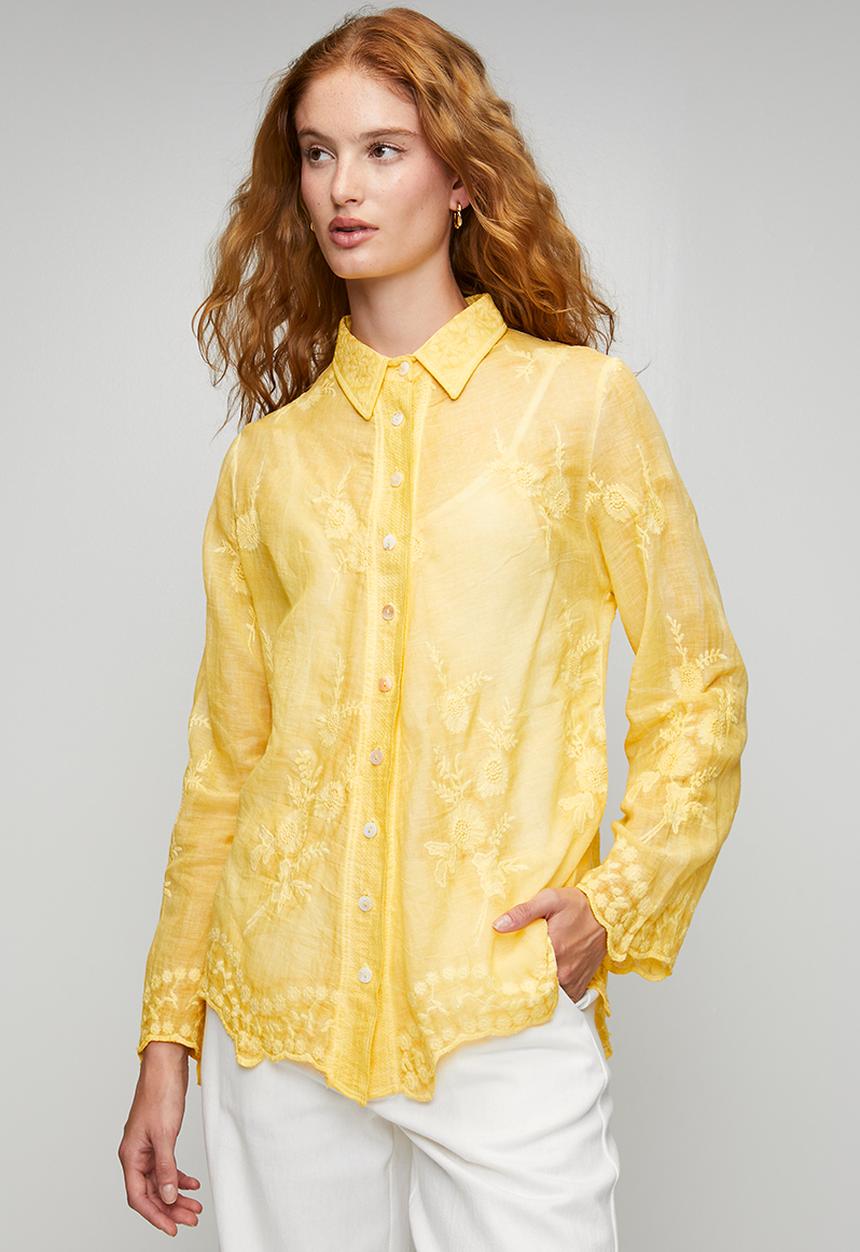 Stella Morgan - L/S Embroidered Voile Blouse With Hem And Sleeve Scallop - Yellow