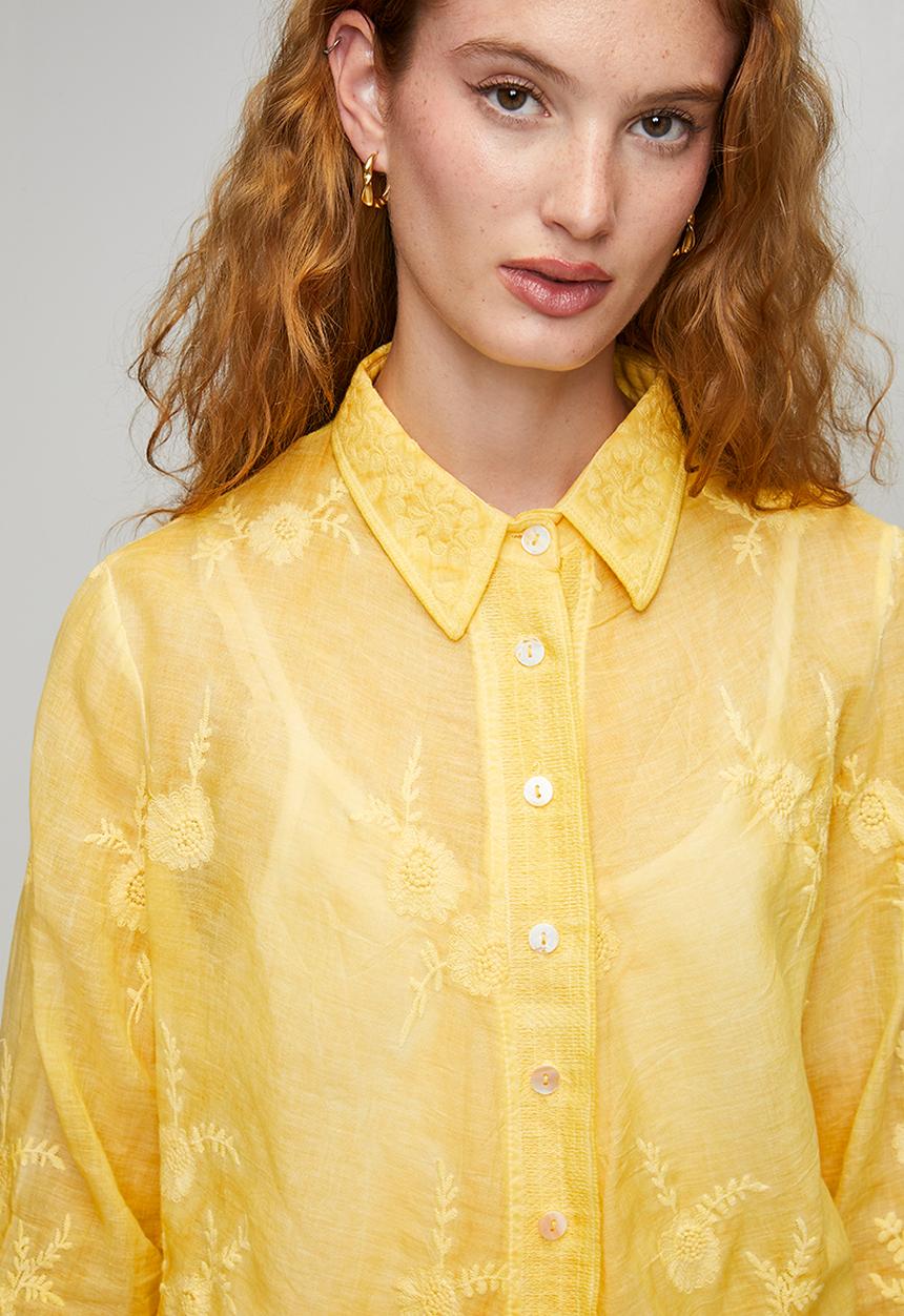 Stella Morgan - L/S Embroidered Voile Blouse With Hem And Sleeve Scallop - Yellow