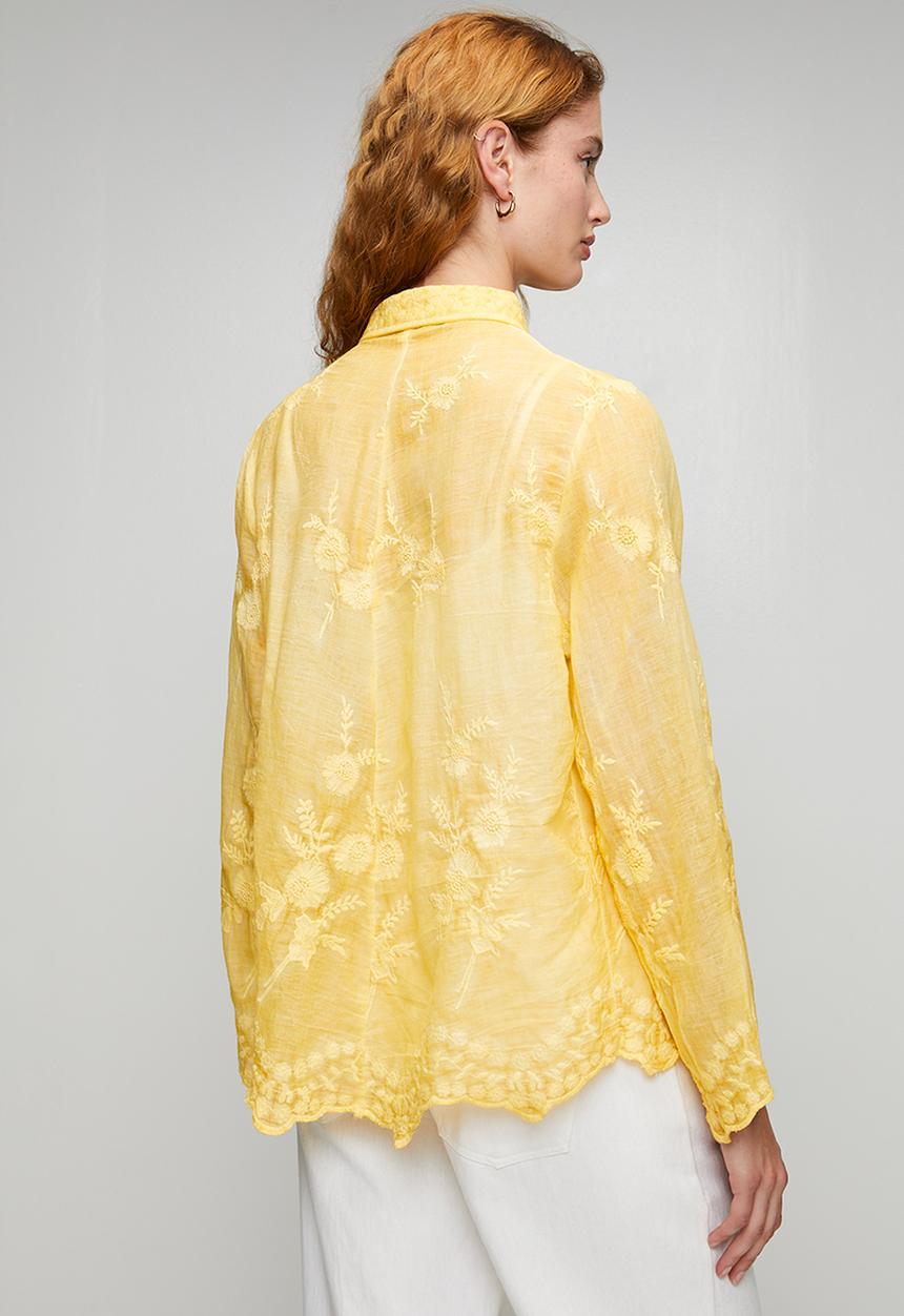 Stella Morgan - L/S Embroidered Voile Blouse With Hem And Sleeve Scallop - Yellow