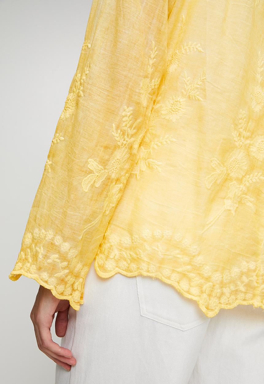 Stella Morgan - L/S Embroidered Voile Blouse With Hem And Sleeve Scallop - Yellow