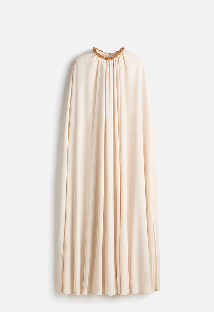 white christmas dresses Cream Crinkled Satin Asymmetric Cape Sleeve Dress L main image 1