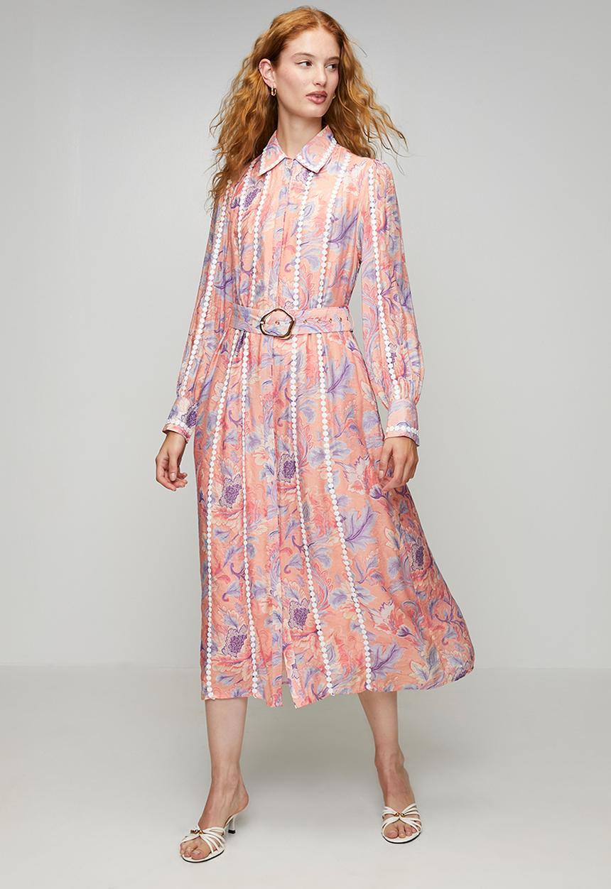 Stella Morgan - L/S Lightweight Button Through Maxi Dress With Belt And Trim Detail - Multi White