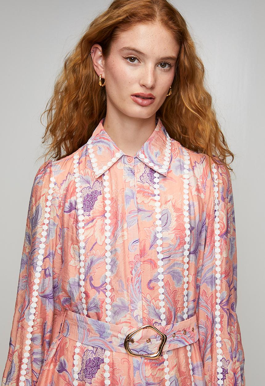 Stella Morgan - L/S Lightweight Button Through Maxi Dress With Belt And Trim Detail - Multi White