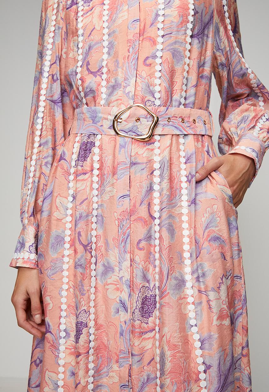 Stella Morgan - L/S Lightweight Button Through Maxi Dress With Belt And Trim Detail - Multi White