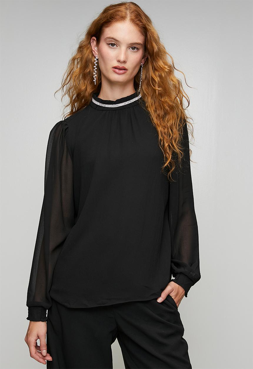 Stella Morgan - L/S Sheer Blouse With Embelishment On High Neck - Black