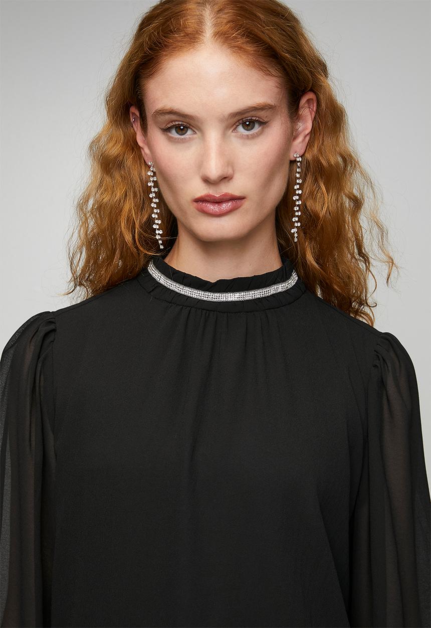 Stella Morgan - L/S Sheer Blouse With Embelishment On High Neck - Black