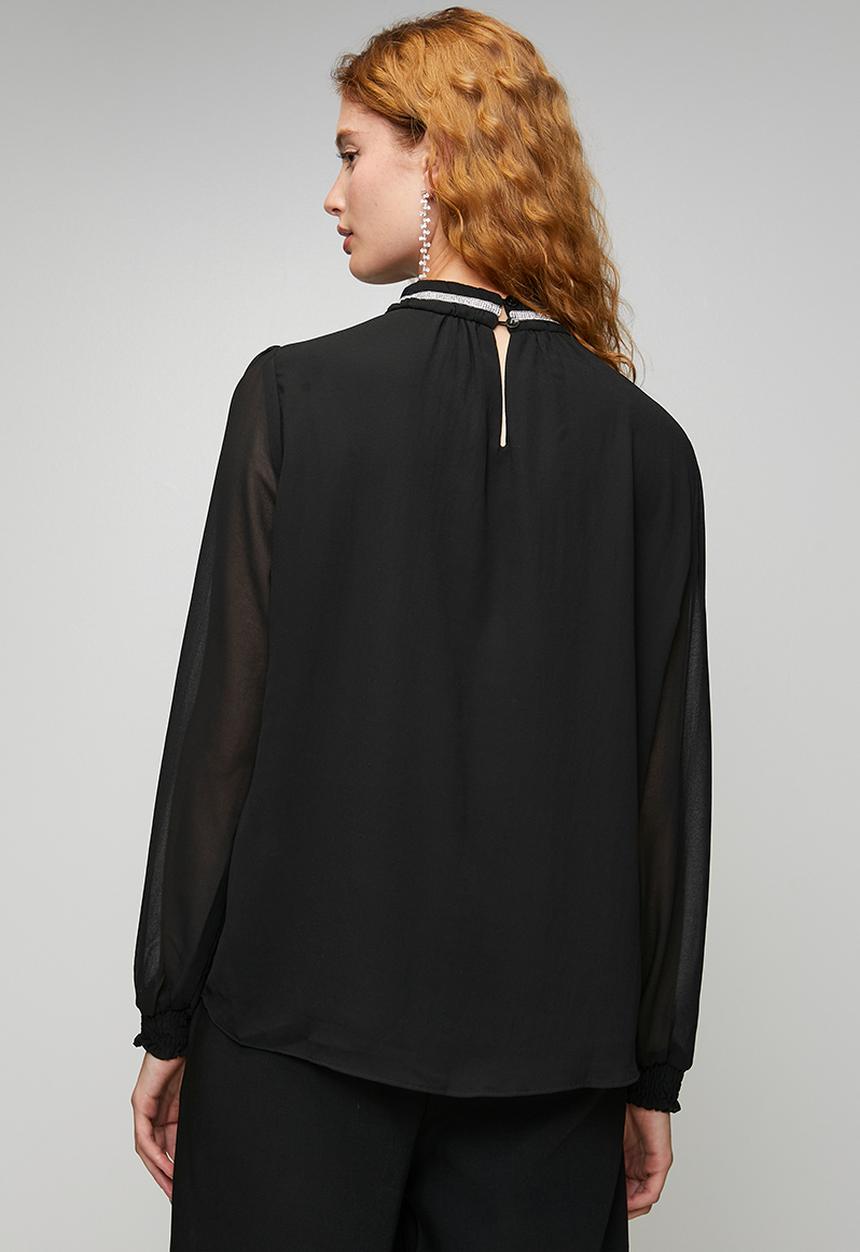 Stella Morgan - L/S Sheer Blouse With Embelishment On High Neck - Black