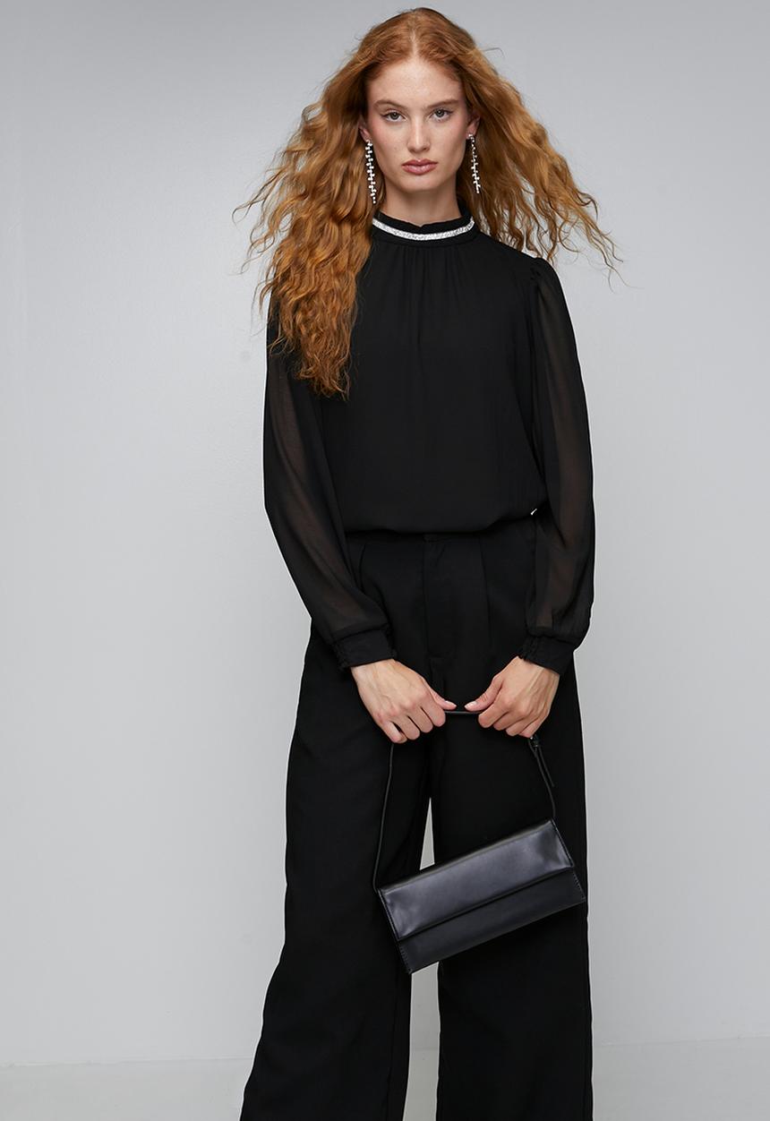 Stella Morgan - L/S Sheer Blouse With Embelishment On High Neck - Black