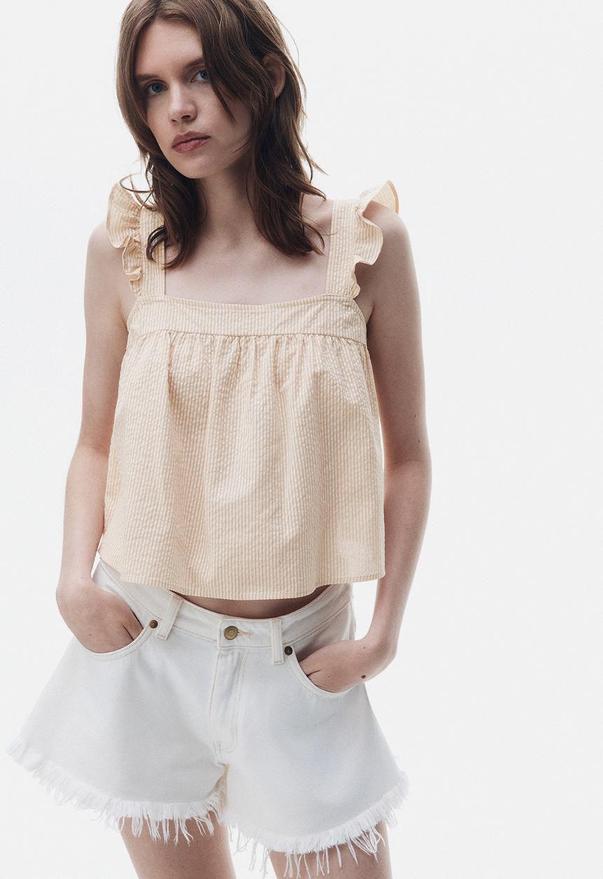 H&M - Cotton seersucker top - light beige striped