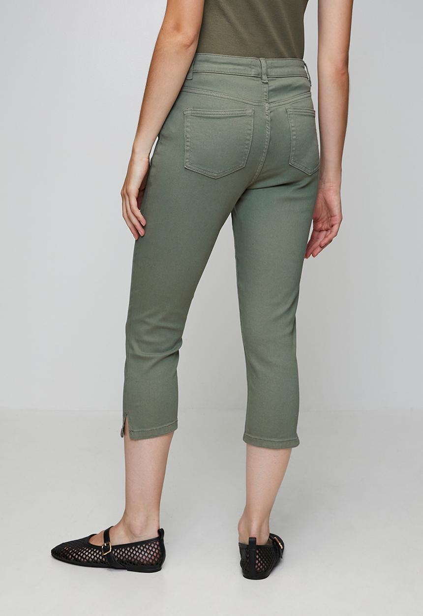 Izabel London - Mid Waist 5 Pocket Crop Length Overdye Jean With Side Slit - Khaki