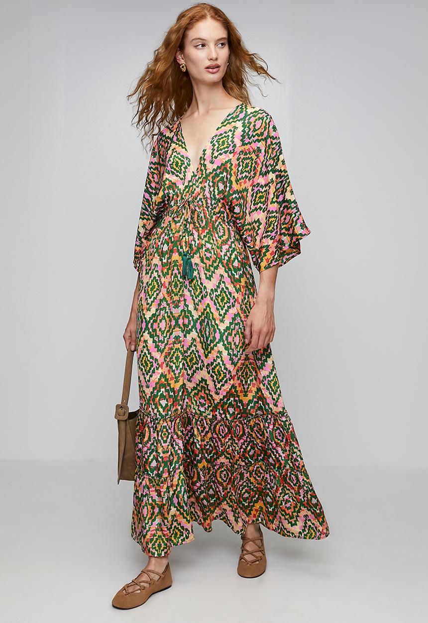 Izabel London - V-Neck Easy Wearing Kaftan Maxi Dress - Amber