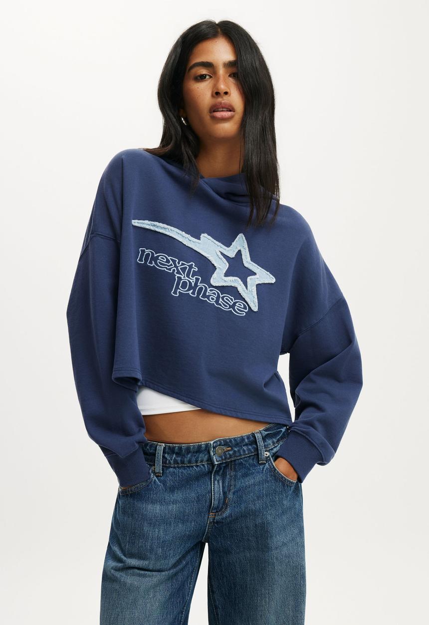 Cotton On - Cropped oversized hoodie - oxford blue/graphic