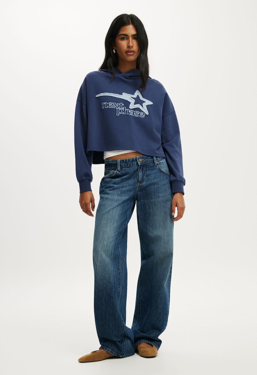 Cotton On - Cropped oversized hoodie - oxford blue/graphic