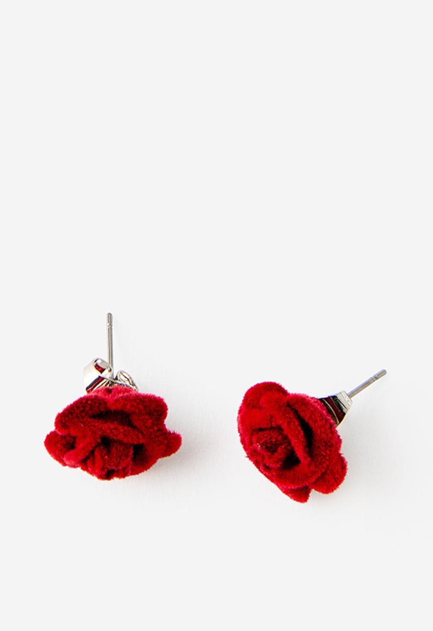 Rubi - Velvet rosette charm earring - red